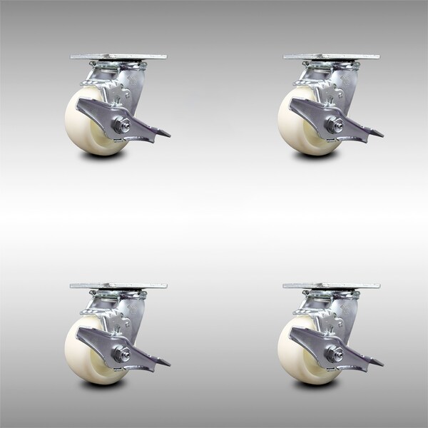 4 Inch Stainless Steel Nylon Caster Set with Ball Bearings and Brake/Swivel Lock